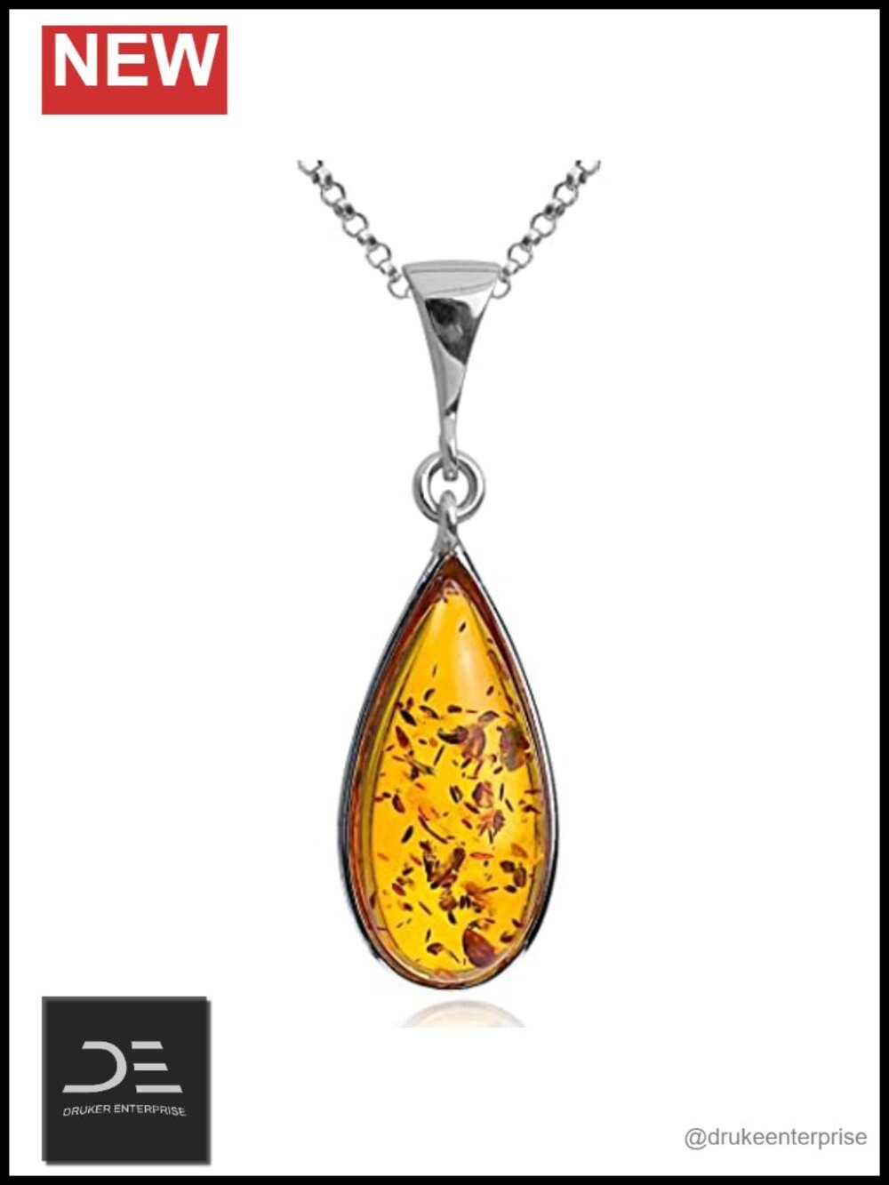 Genuine Amber Sterling Silver 925 Rolo Chain Pendant Necklace 18 Inches